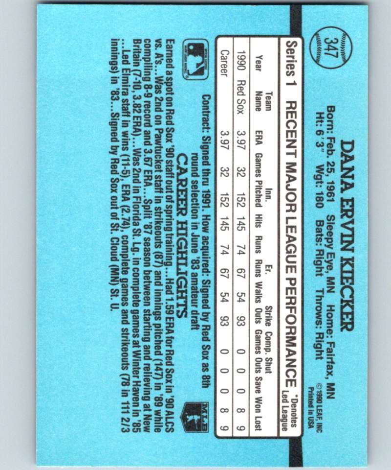 1991 Donruss #347 Dana Kiecker Red Sox MLB Baseball Image 2