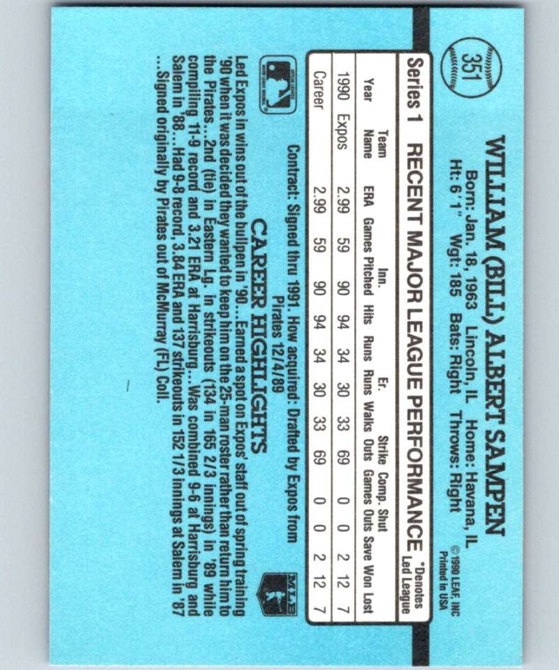 1991 Donruss #351 Bill Sampen Expos MLB Baseball