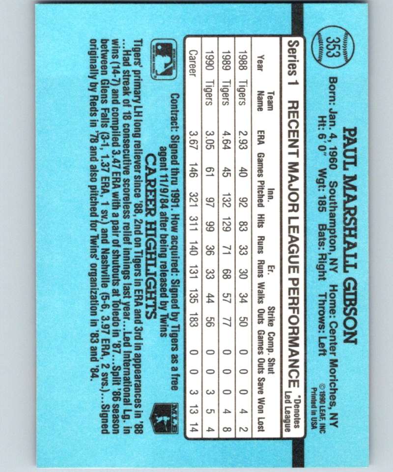 1991 Donruss #353 Paul Gibson Tigers MLB Baseball Image 2