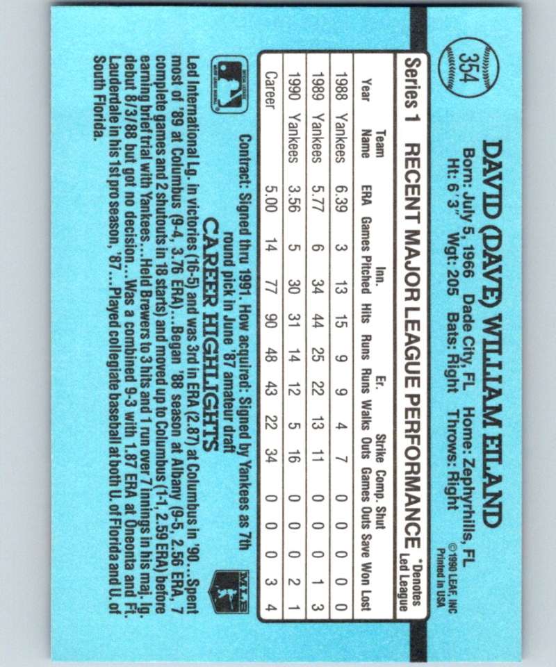1991 Donruss #354 Dave Eiland Yankees MLB Baseball Image 2