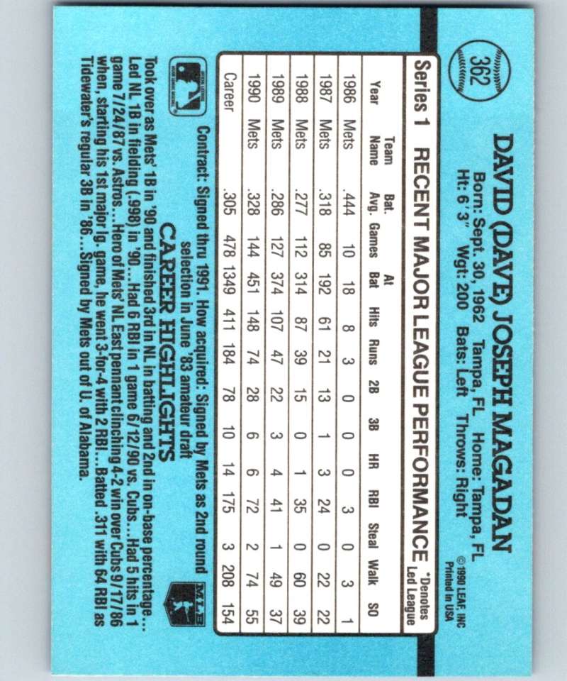 1991 Donruss #362 Dave Magadan Mets MLB Baseball Image 2