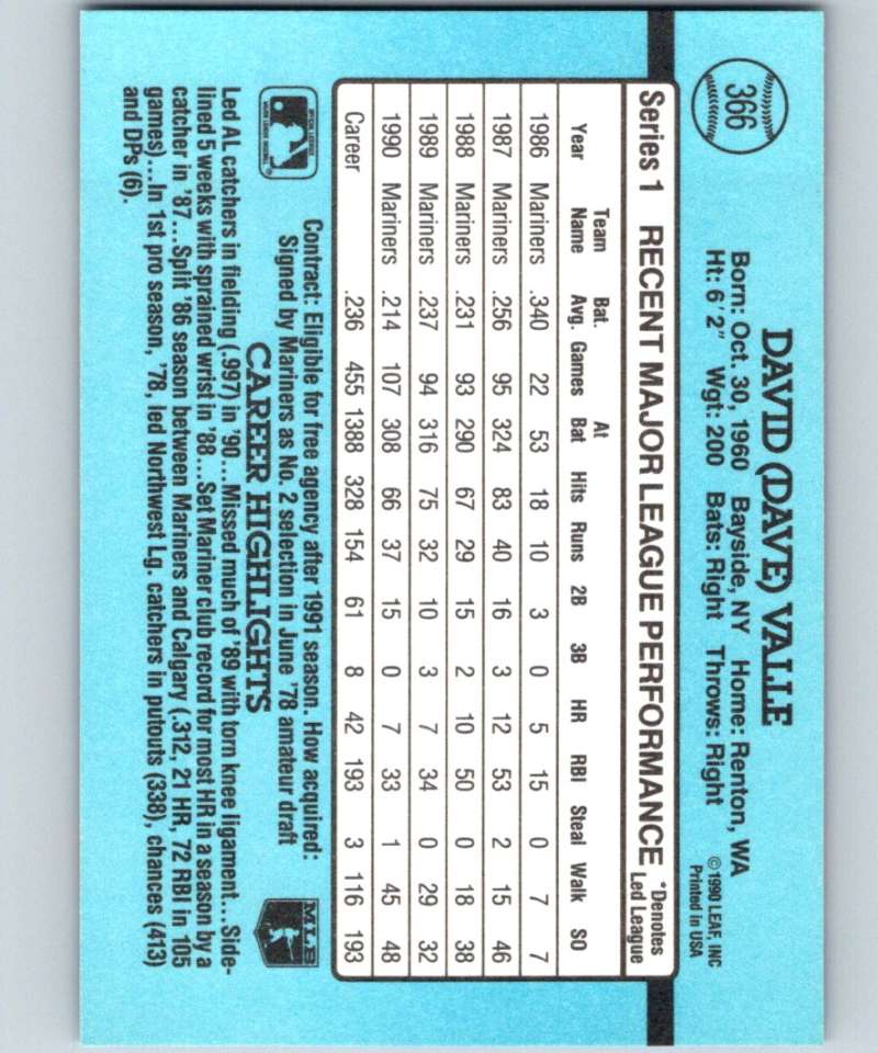 1991 Donruss #366 Dave Valle Mariners MLB Baseball Image 2