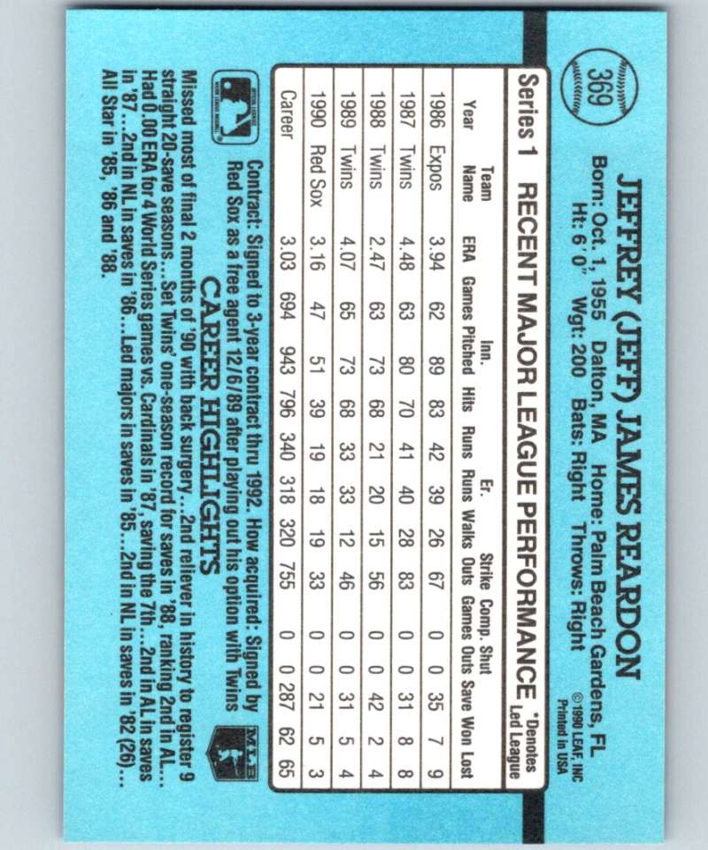 1991 Donruss #369 Jeff Reardon Red Sox UER MLB Baseball Image 2