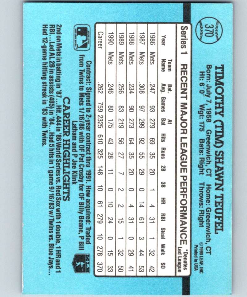 1991 Donruss #370 Tim Teufel Mets MLB Baseball Image 2