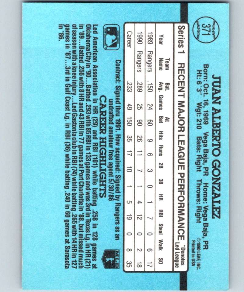 1991 Donruss #371 Juan Gonzalez Rangers MLB Baseball Image 2