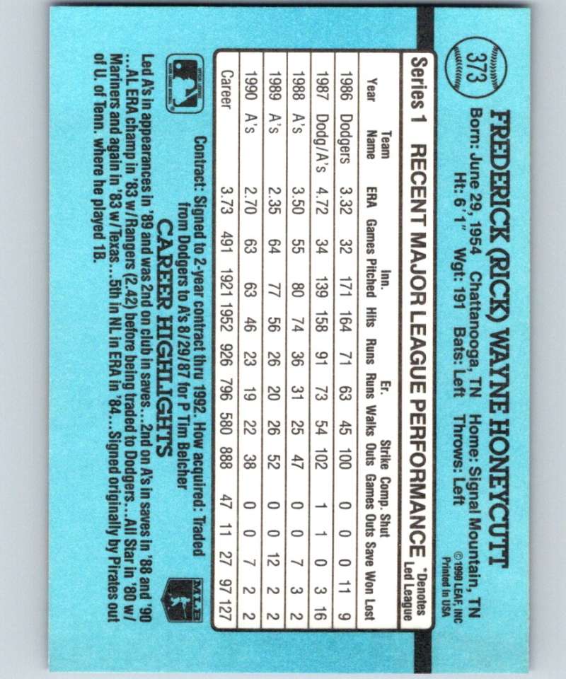 1991 Donruss #373 Rick Honeycutt Athletics MLB Baseball Image 2