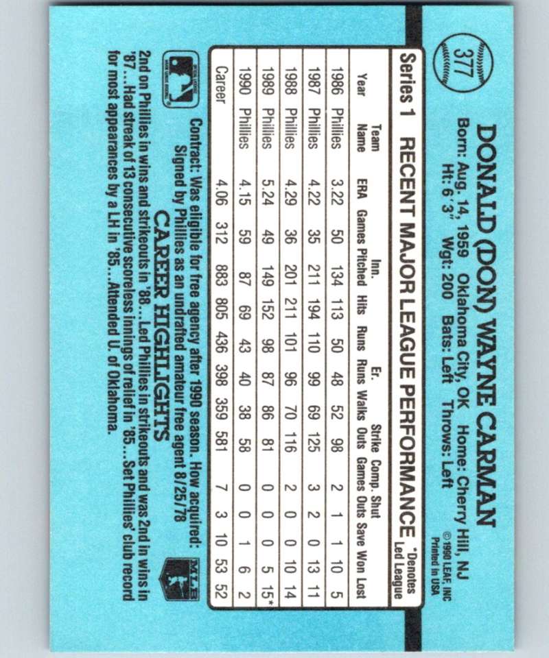 1991 Donruss #377 Don Carman Phillies MLB Baseball Image 2