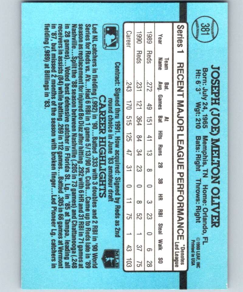 1991 Donruss #381 Joe Oliver Reds MLB Baseball Image 2