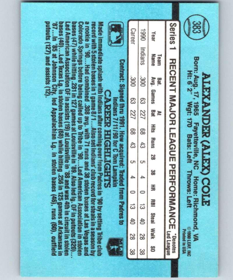 1991 Donruss #383 Alex Cole Indians MLB Baseball Image 2