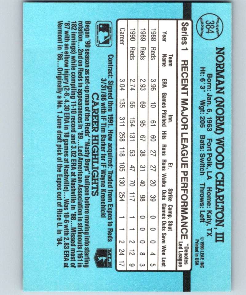 1991 Donruss #384 Norm Charlton Reds MLB Baseball Image 2