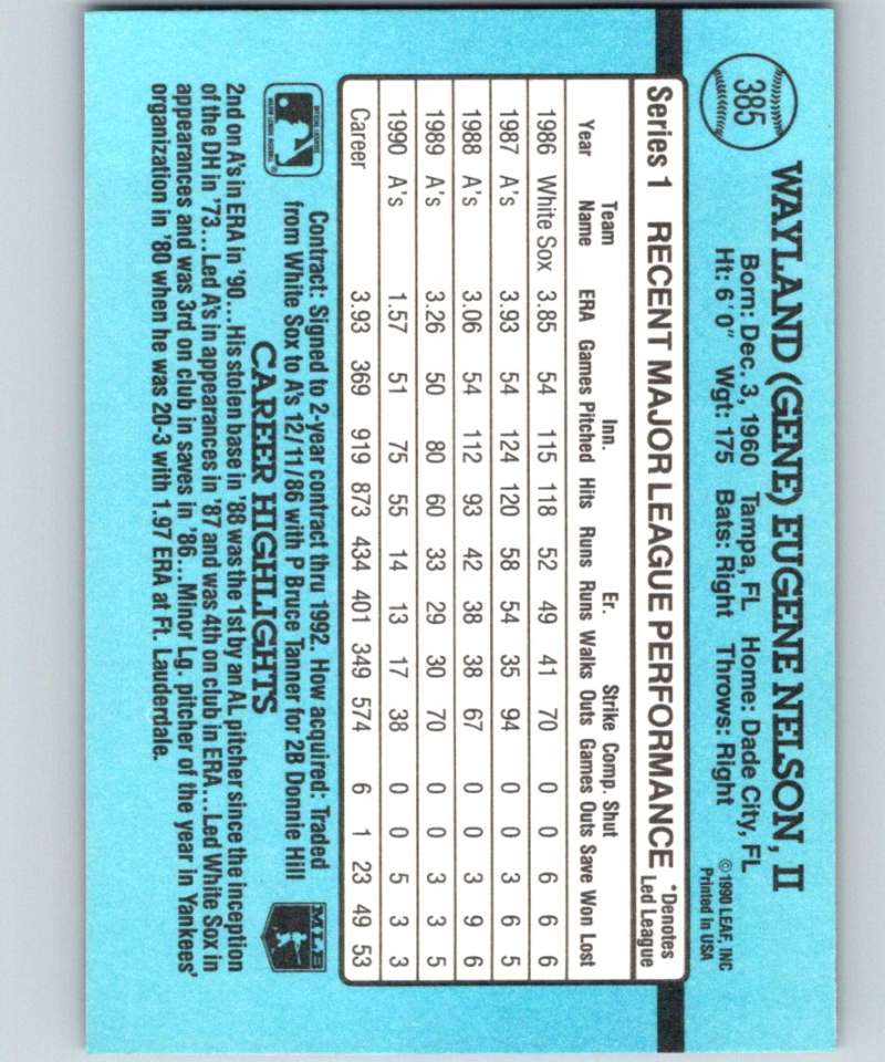 1991 Donruss #385 Gene Nelson Athletics MLB Baseball Image 2