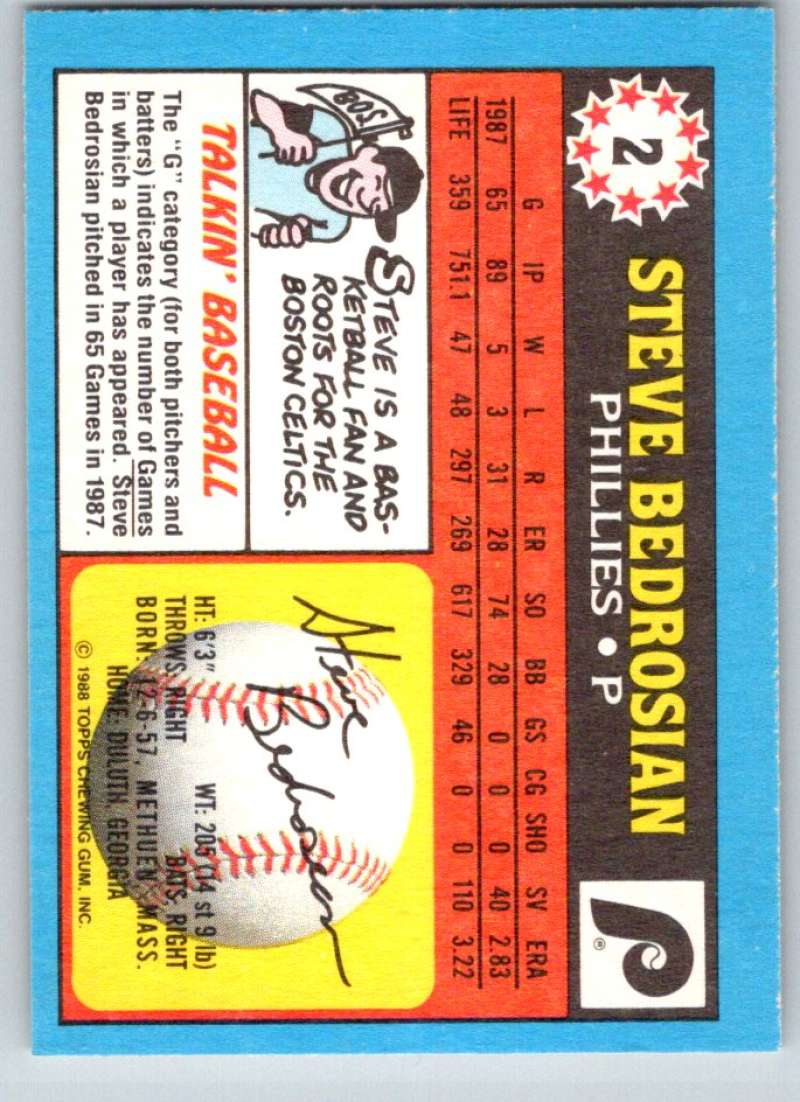 1988 Topps UK Minis #2 Steve Bedrosian Phillies MLB Baseball Image 2