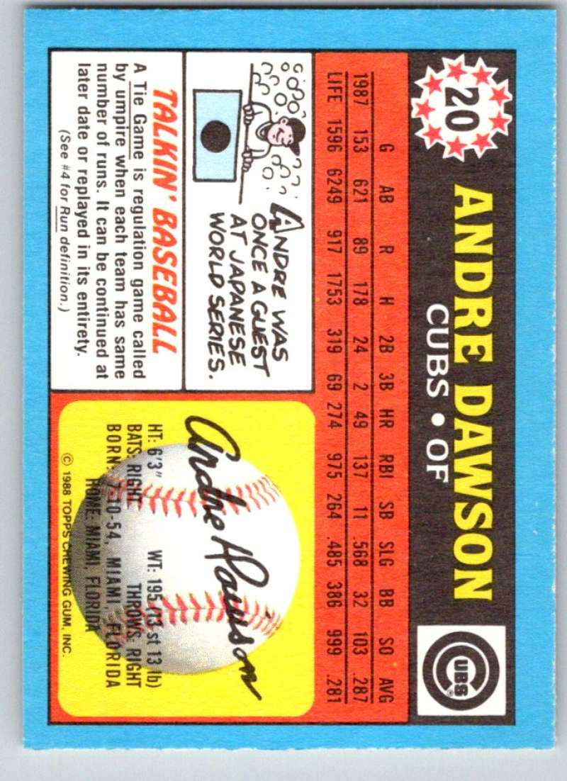 1988 Topps UK Minis #20 Andre Dawson Cubs MLB Baseball