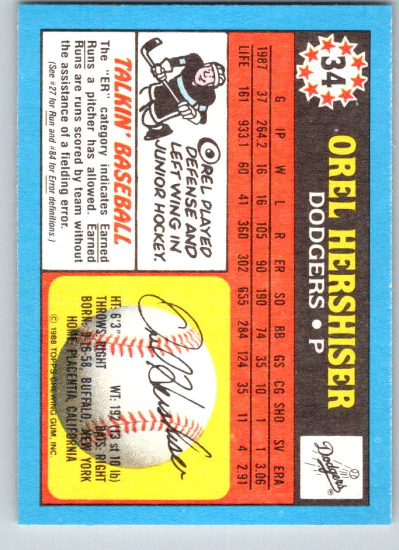 1988 Topps UK Minis #34 Orel Hershiser Dodgers MLB Baseball
