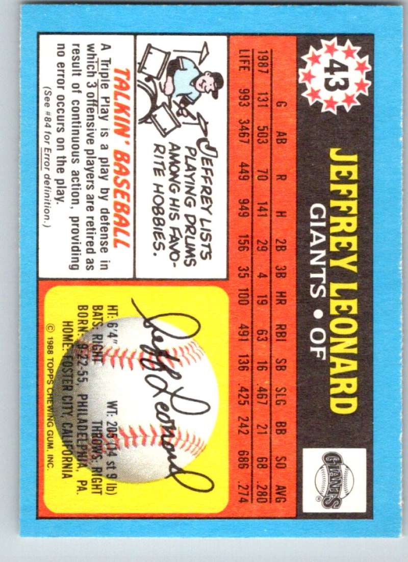 1988 Topps UK Minis #43 Jeffrey Leonard Giants MLB Baseball Image 2