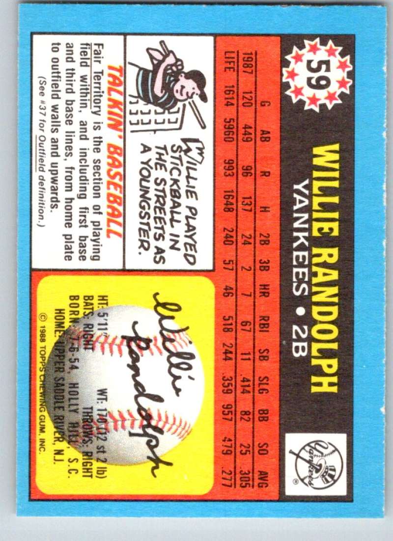 1988 Topps UK Minis #59 Willie Randolph Yankees MLB Baseball Image 2