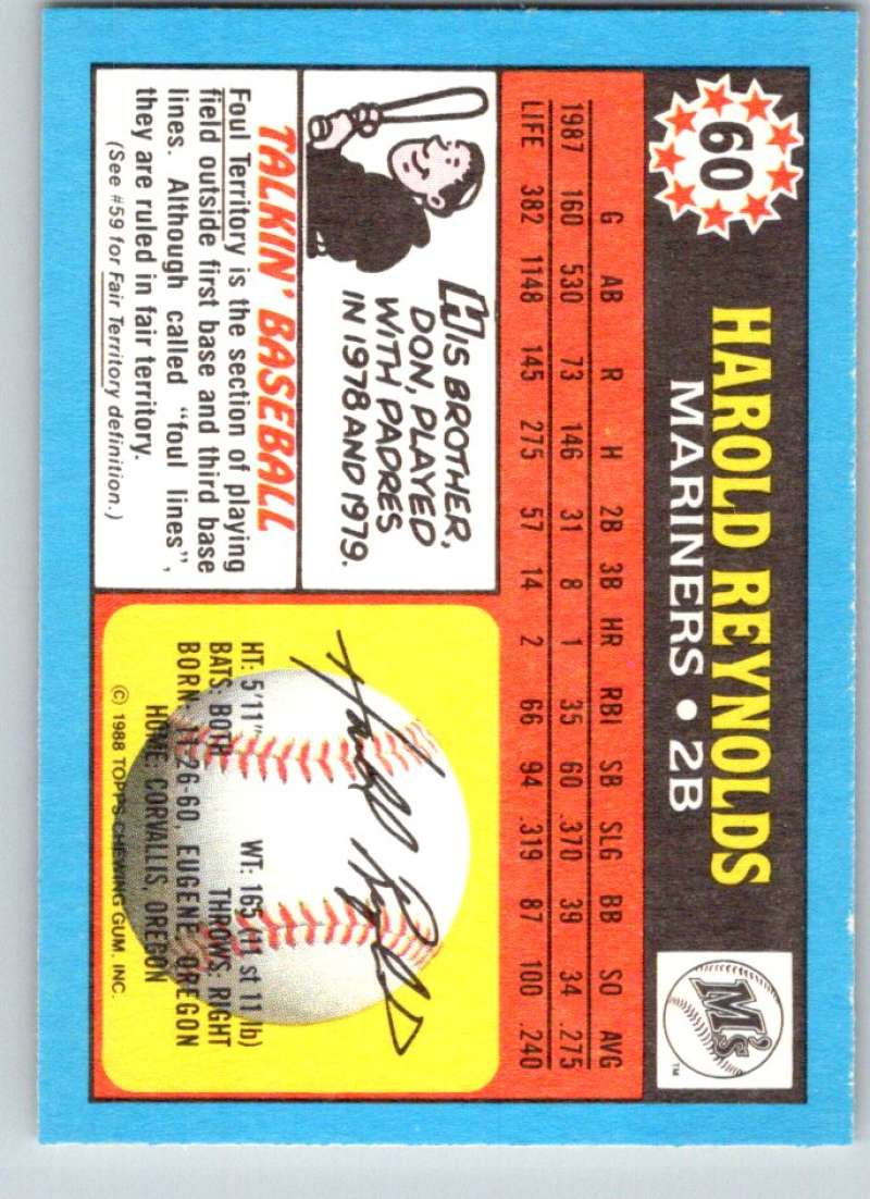 1988 Topps UK Minis #60 Harold Reynolds Mariners MLB Baseball Image 2
