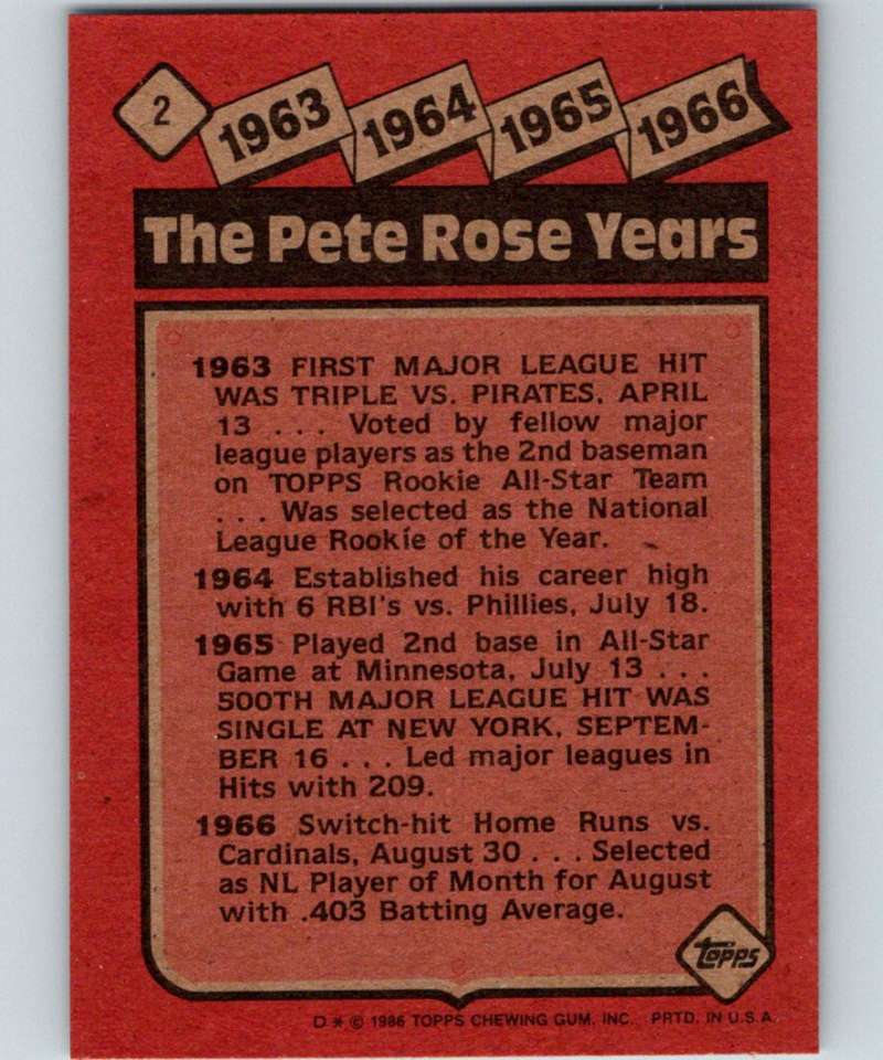 1986 Topps #2 Pete Rose Reds Rose Special: '63-'66 MLB Baseball