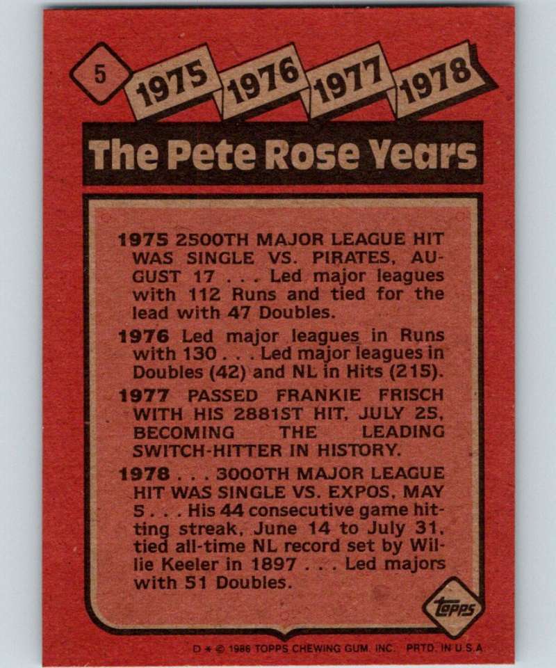 1986 Topps #5 Pete Rose Reds Rose Special: '75-'78 MLB Baseball Image 2