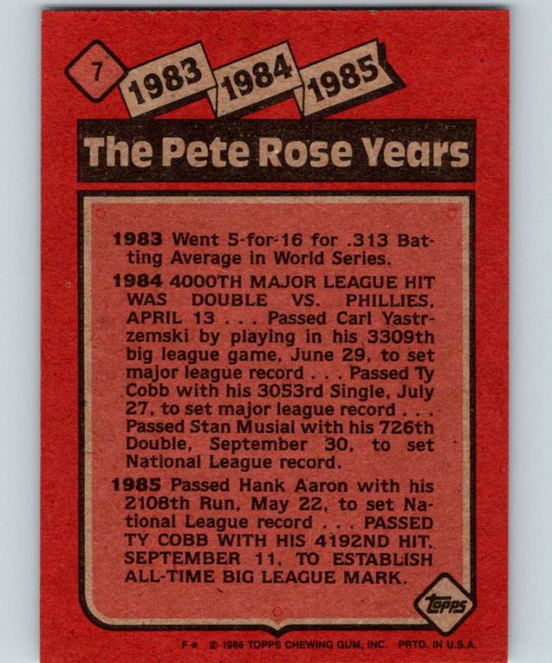1986 Topps #7 Pete Rose Reds Rose Special: '83-'85 MLB Baseball