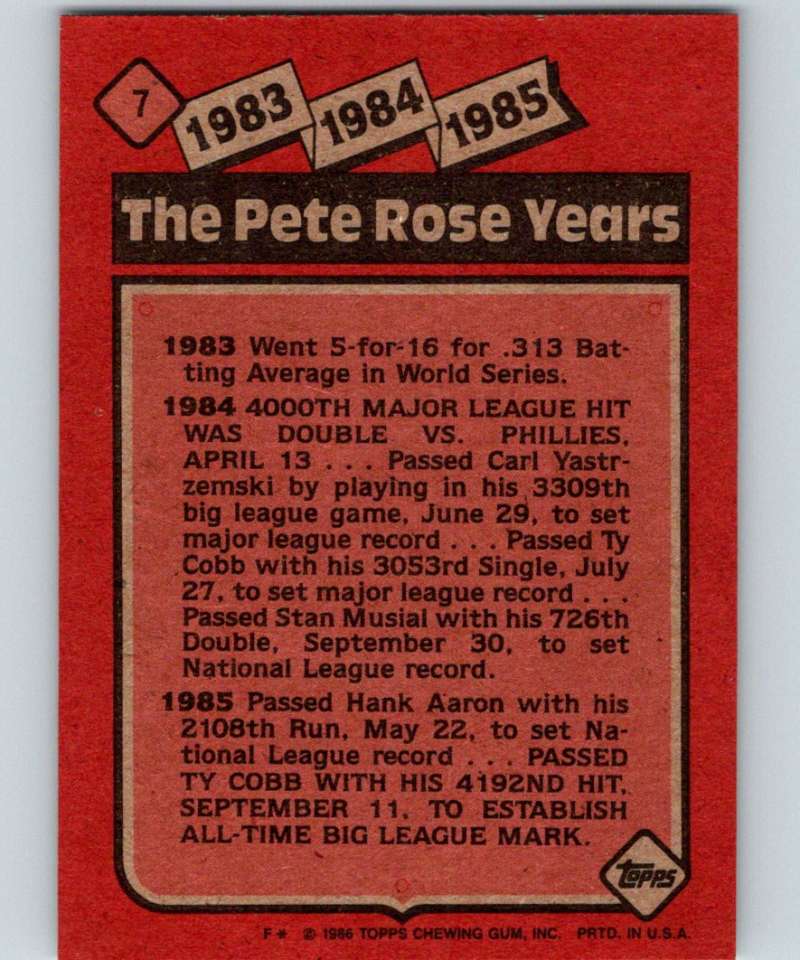 1986 Topps #7 Pete Rose Reds Rose Special: '83-'85 MLB Baseball