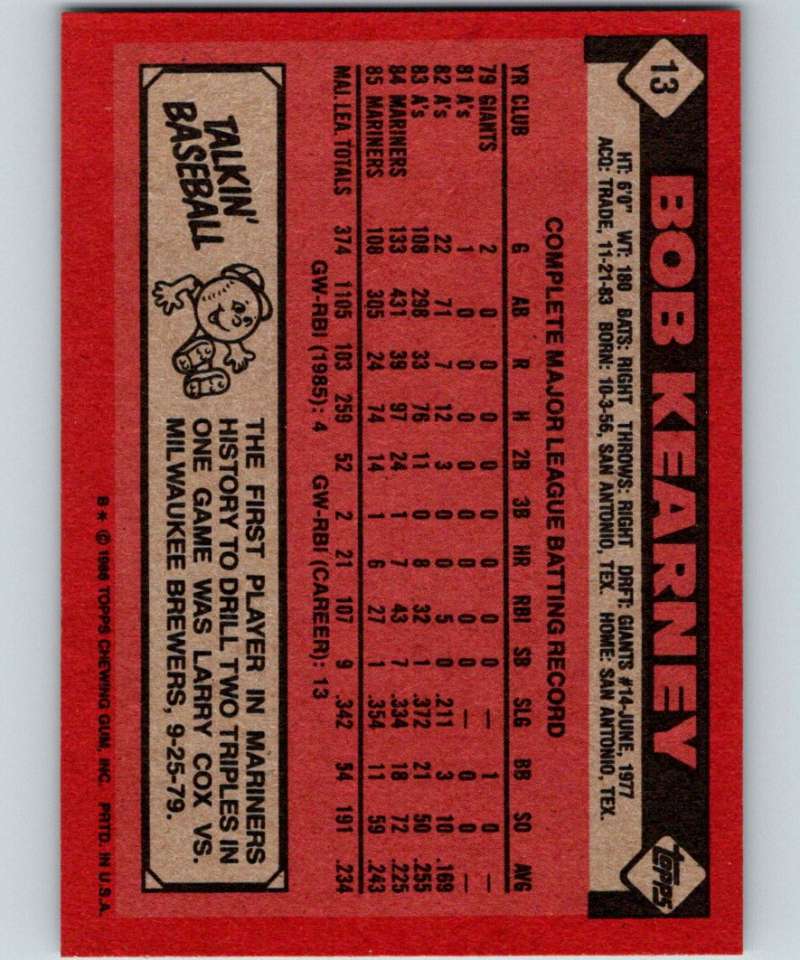 1986 Topps #13 Bob Kearney Mariners MLB Baseball Image 2