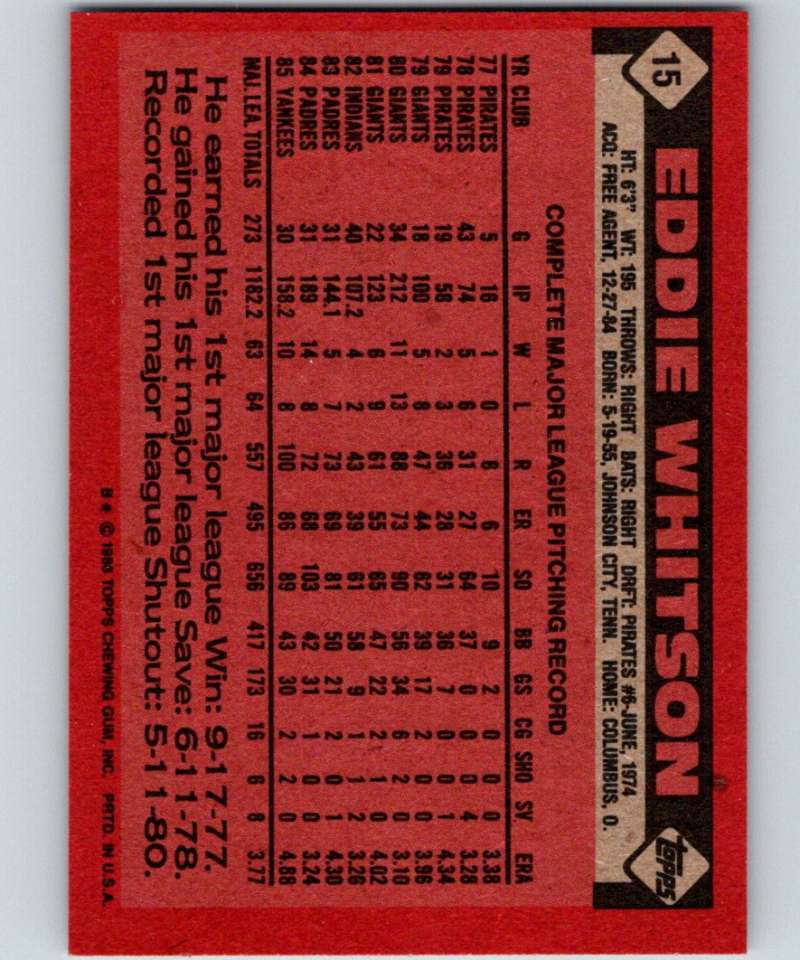 1986 Topps #15 Ed Whitson Yankees MLB Baseball Image 2
