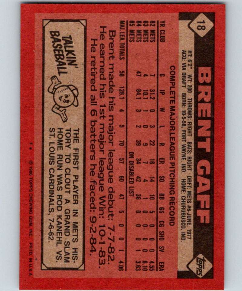 1986 Topps #18 Brent Gaff Mets MLB Baseball Image 2