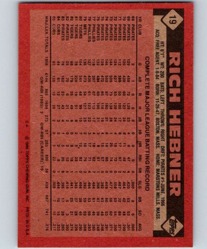1986 Topps #19 Richie Hebner Cubs MLB Baseball Image 2