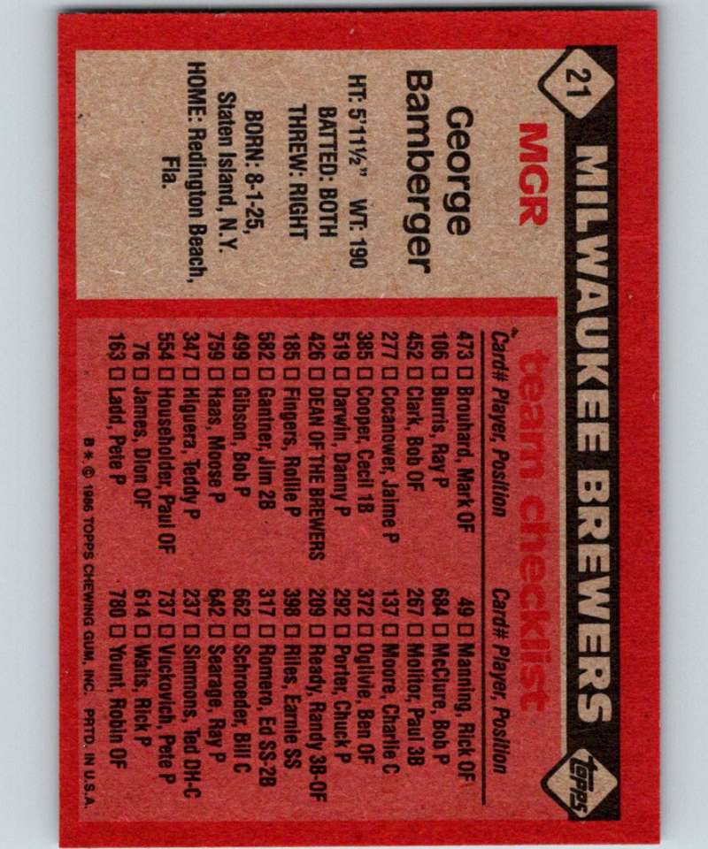 1986 Topps #21 George Bamberger Brewers MG MLB Baseball Image 2