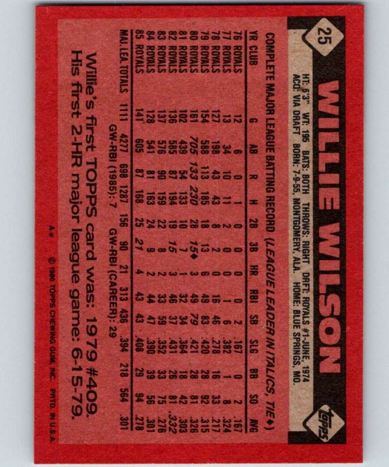 1986 Topps #25 Willie Wilson Royals MLB Baseball Image 2