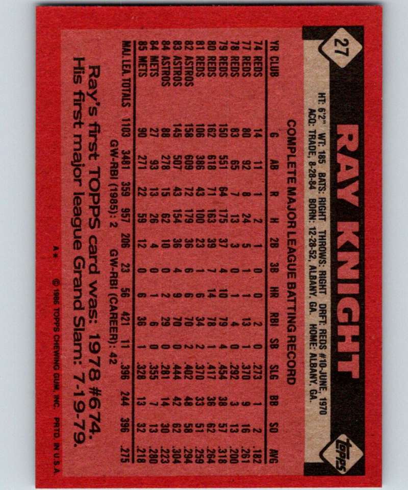 1986 Topps #27 Ray Knight Mets MLB Baseball Image 2