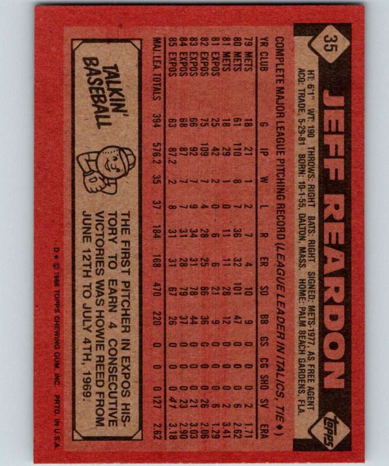 1986 Topps #35 Jeff Reardon Expos MLB Baseball