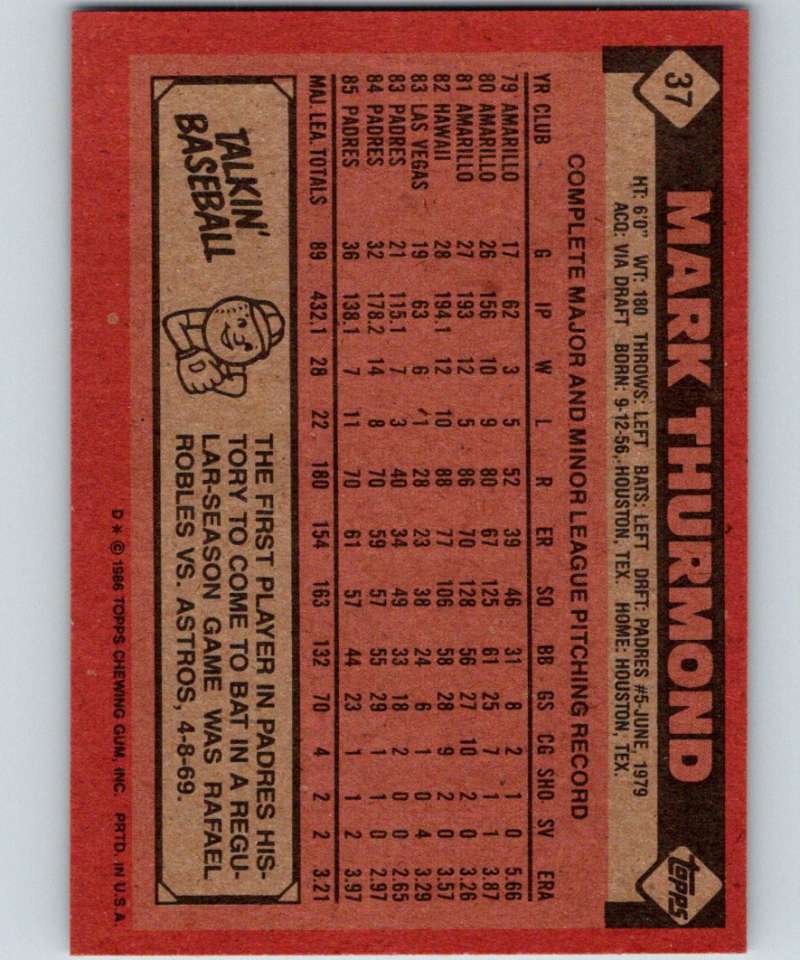 1986 Topps #37 Mark Thurmond Padres MLB Baseball Image 2