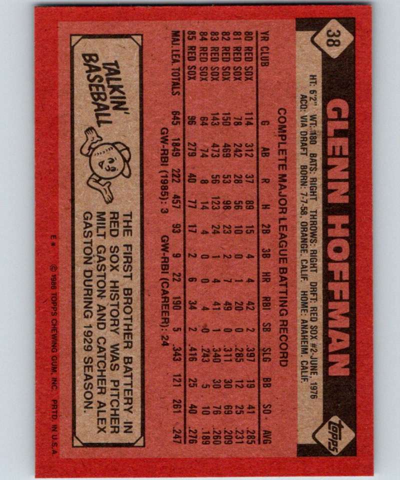1986 Topps #38 Glenn Hoffman Red Sox MLB Baseball Image 2