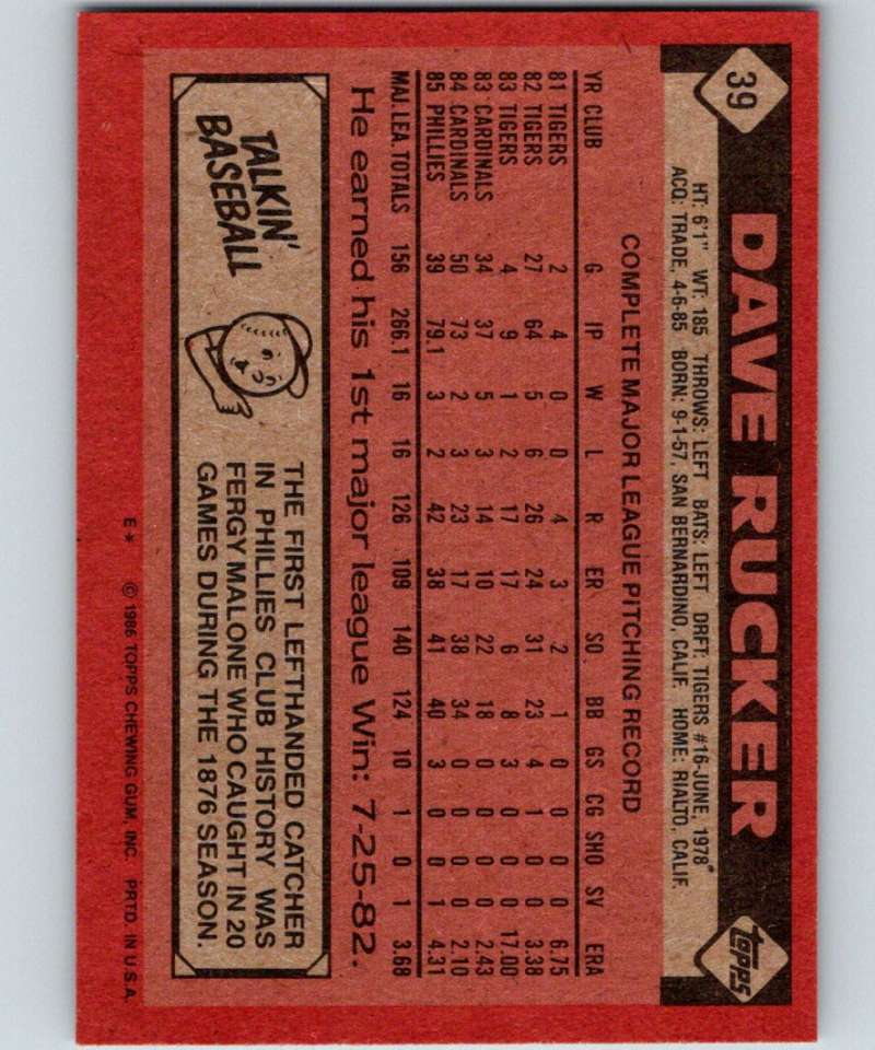1986 Topps #39 Dave Rucker Phillies MLB Baseball Image 2