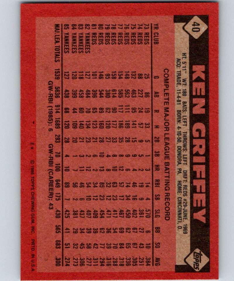 1986 Topps #40 Ken Griffey Sr. Yankees MLB Baseball