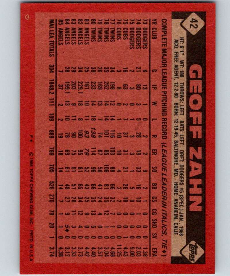 1986 Topps #42 Geoff Zahn Angels MLB Baseball