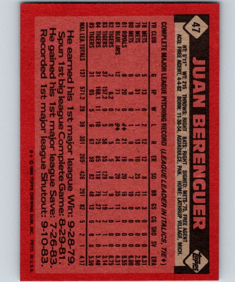 1986 Topps #47 Juan Berenguer Tigers MLB Baseball Image 2