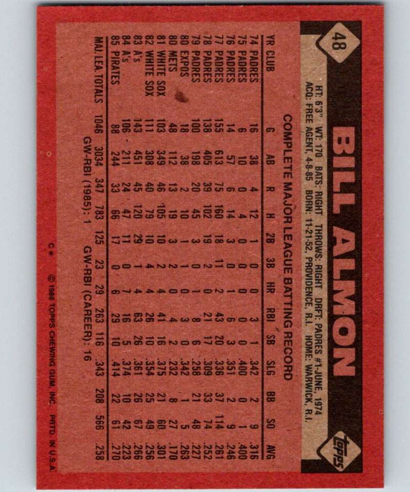 1986 Topps #48 Bill Almon Pirates MLB Baseball