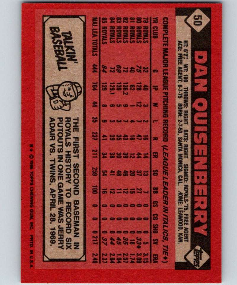 1986 Topps #50 Dan Quisenberry Royals MLB Baseball Image 2