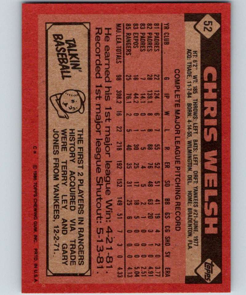 1986 Topps #52 Chris Welsh Rangers MLB Baseball Image 2
