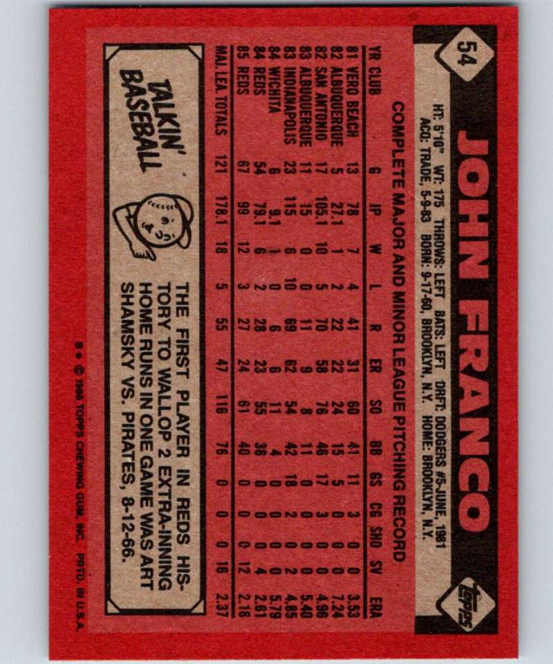 1986 Topps #54 John Franco Reds MLB Baseball Image 2
