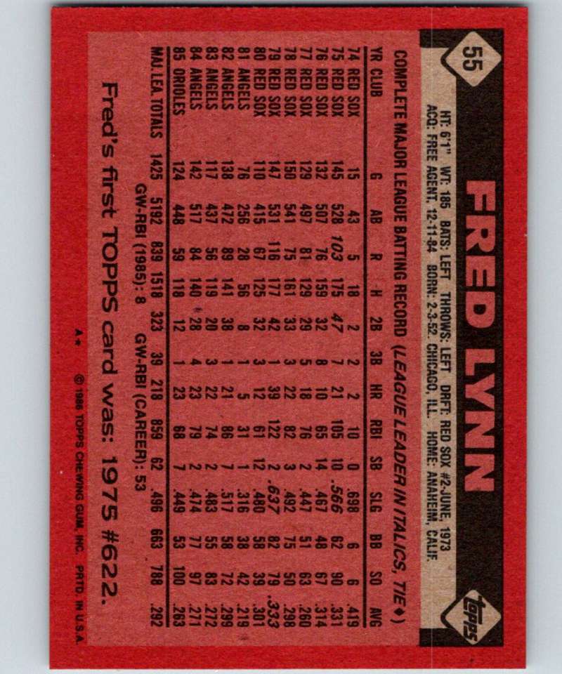 1986 Topps #55 Fred Lynn Orioles MLB Baseball Image 2
