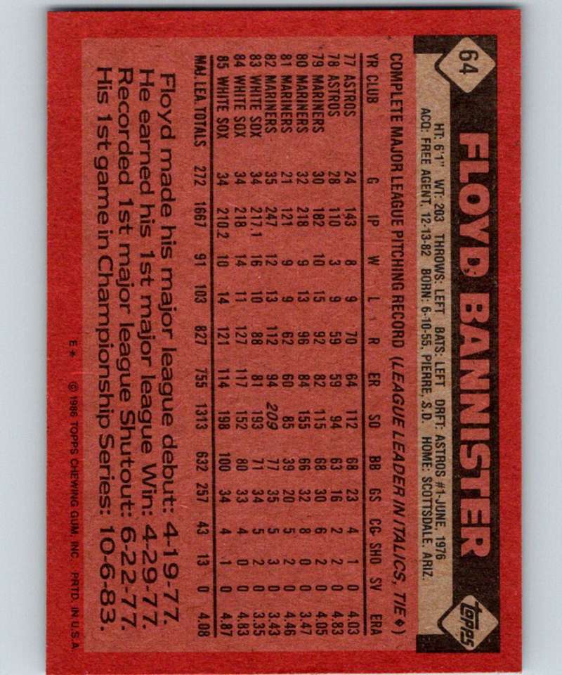 1986 Topps #64 Floyd Bannister White Sox MLB Baseball Image 2