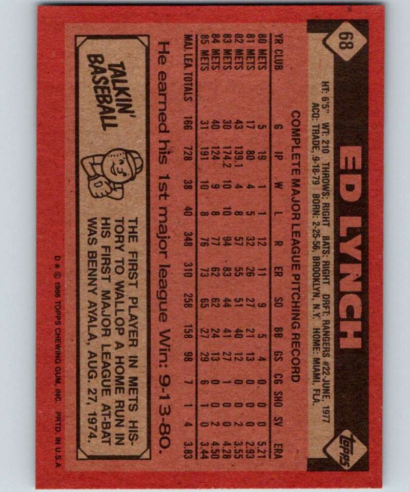 1986 Topps #68 Ed Lynch Mets MLB Baseball Image 2
