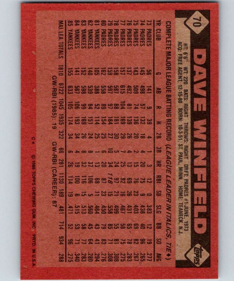 1986 Topps #70 Dave Winfield Yankees MLB Baseball
