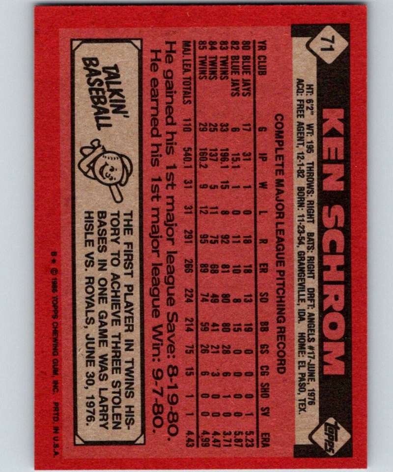 1986 Topps #71 Ken Schrom Twins MLB Baseball Image 2