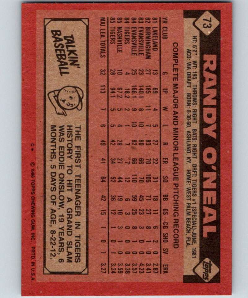 1986 Topps #73 Randy O'Neal Tigers MLB Baseball