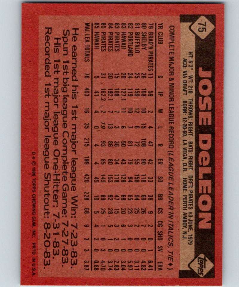 1986 Topps #75 Jose DeLeon Pirates MLB Baseball Image 2